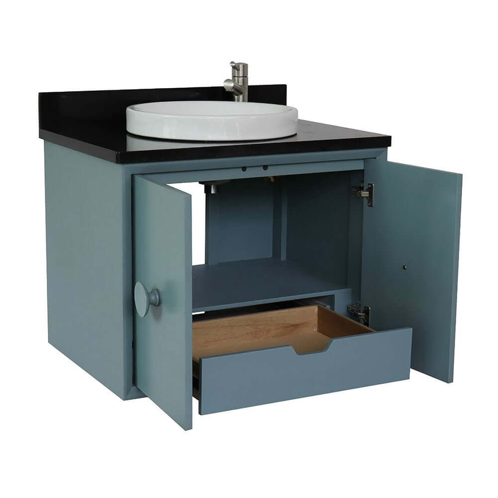 31" Single wall mount vanity in Aqua Blue finish with Black Galaxy top and round sink - 400400-CAB-AB-BGRD