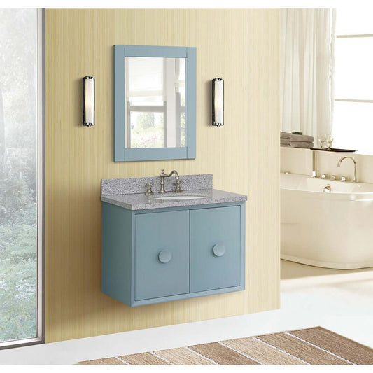 31" Single wall mount vanity in Aqua Blue finish with Gray granite top and oval sink - 400400-CAB-AB-GYO