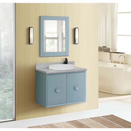 31" Single wall mount vanity in Aqua Blue finish with Gray granite top and round sink - 400400-CAB-AB-GYRD