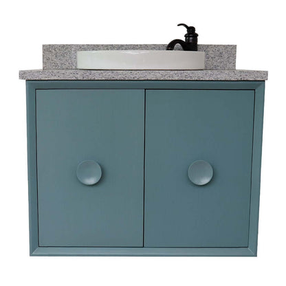 31" Single wall mount vanity in Aqua Blue finish with Gray granite top and round sink - 400400-CAB-AB-GYRD