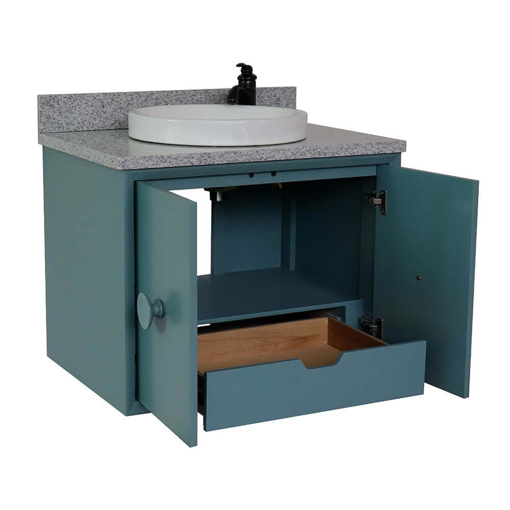 31" Single wall mount vanity in Aqua Blue finish with Gray granite top and round sink - 400400-CAB-AB-GYRD