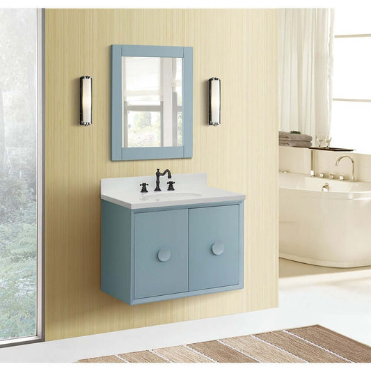 31" Single wall mount vanity in Aqua Blue finish with White Quartz top and oval sink - 400400-CAB-AB-WEO