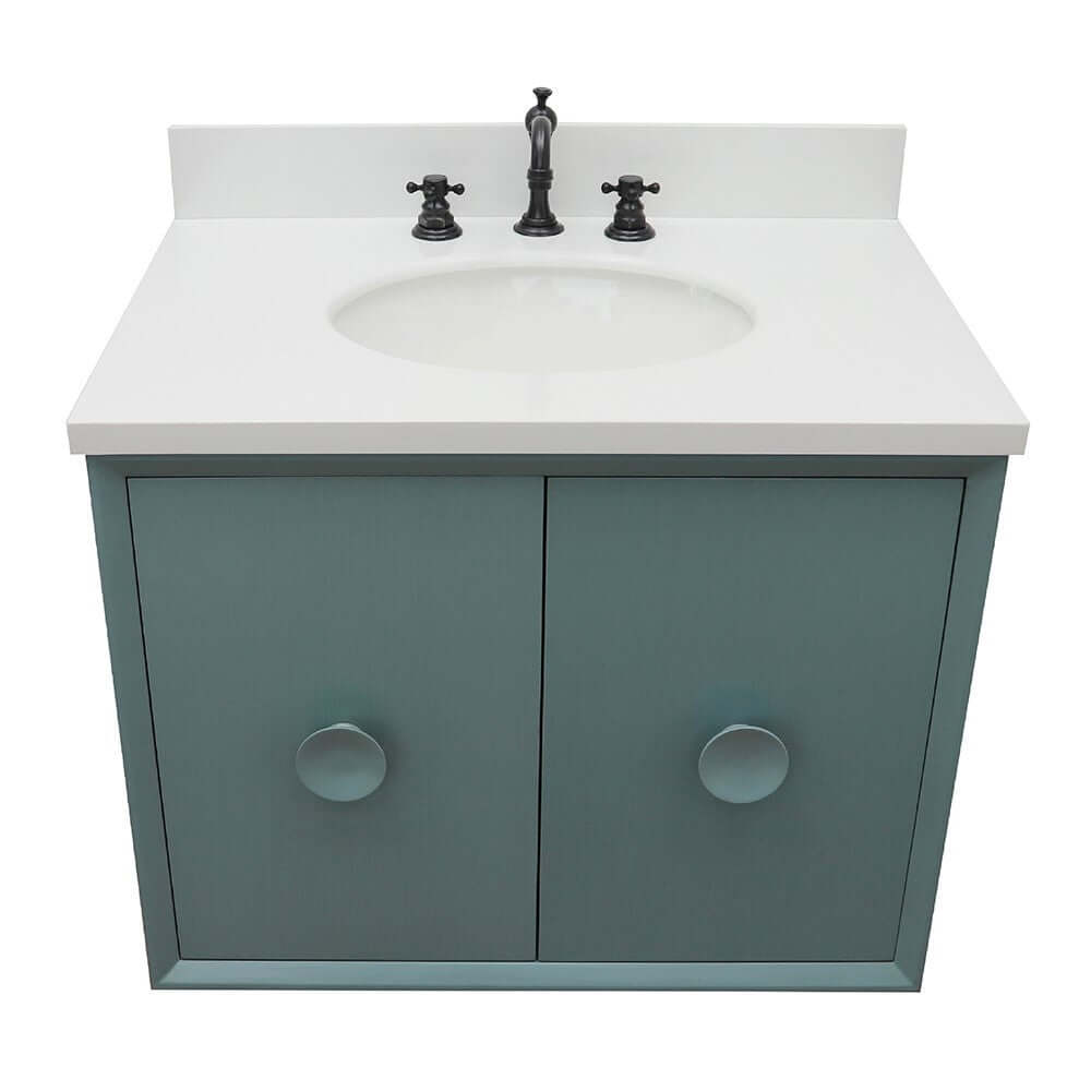 31" Single wall mount vanity in Aqua Blue finish with White Quartz top and oval sink - 400400-CAB-AB-WEO