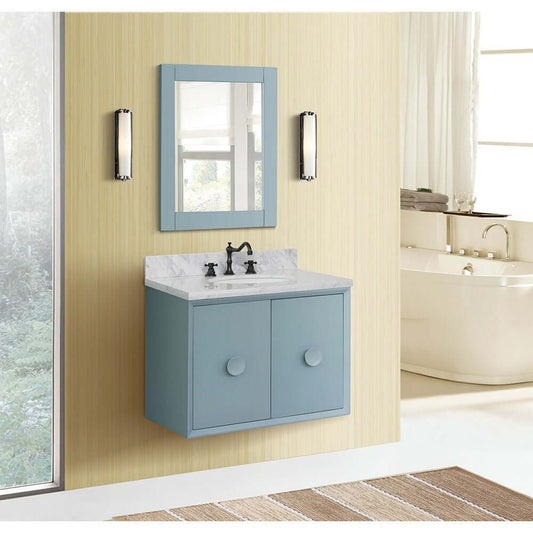 31" Single wall mount vanity in Aqua Blue finish with White Carrara top and oval sink - 400400-CAB-AB-WMO