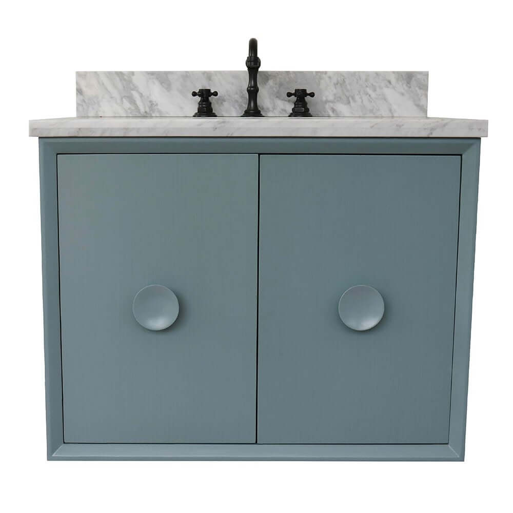 31" Single wall mount vanity in Aqua Blue finish with White Carrara top and oval sink - 400400-CAB-AB-WMO