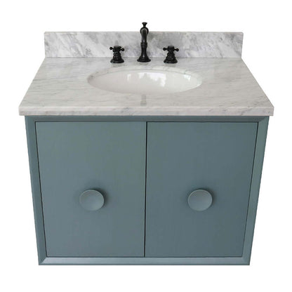 31" Single wall mount vanity in Aqua Blue finish with White Carrara top and oval sink - 400400-CAB-AB-WMO