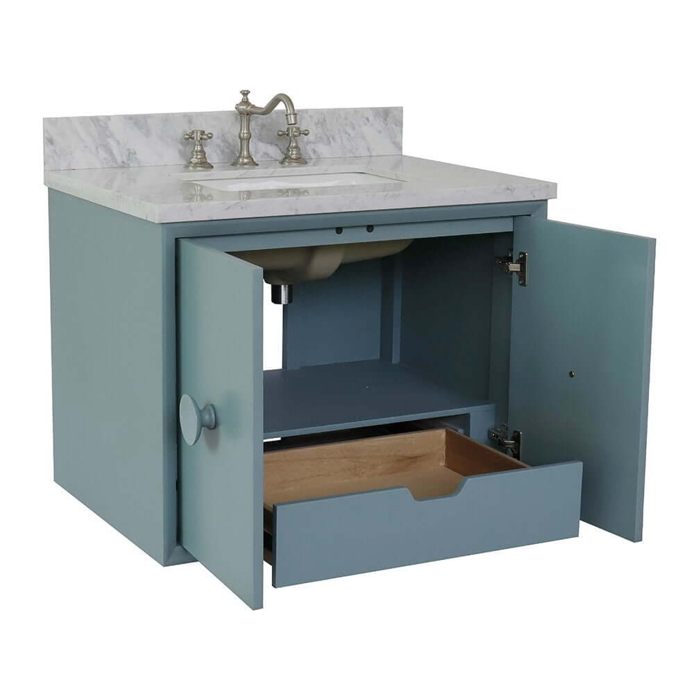 31" Single wall mount vanity in Aqua Blue finish with White Carrara top and rectangle sink - 400400-CAB-AB-WMR