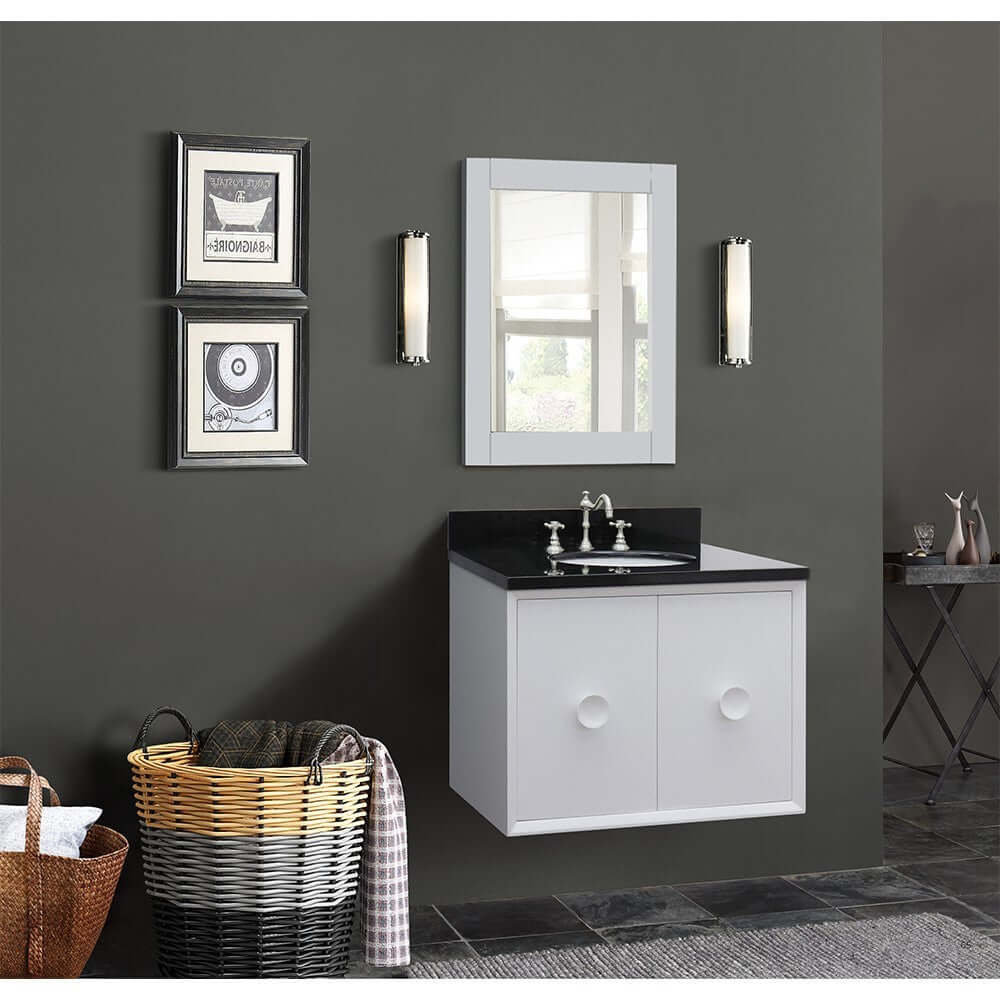 31" Single wall mount vanity in White finish with Black Galaxy top and oval sink - 400400-CAB-WH-BGO