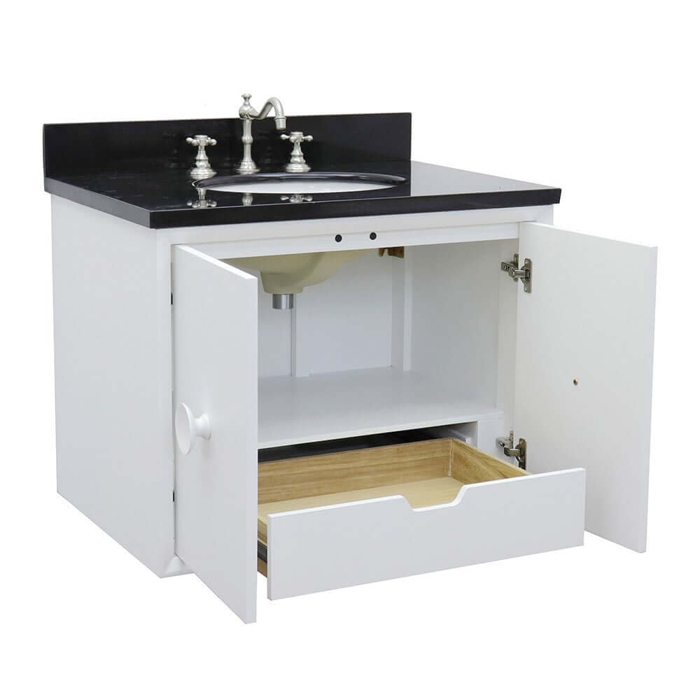 31" Single wall mount vanity in White finish with Black Galaxy top and oval sink - 400400-CAB-WH-BGO