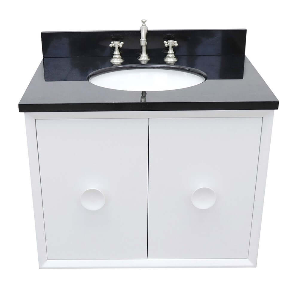 31" Single wall mount vanity in White finish with Black Galaxy top and oval sink - 400400-CAB-WH-BGO