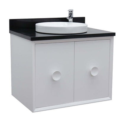 31" Single wall mount vanity in White finish with Black Galaxy top and round sink - 400400-CAB-WH-BGRD