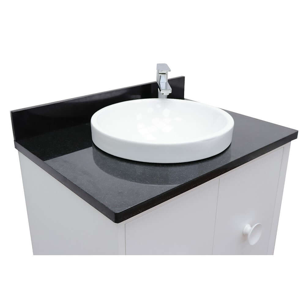 31" Single wall mount vanity in White finish with Black Galaxy top and round sink - 400400-CAB-WH-BGRD