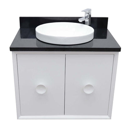 31" Single wall mount vanity in White finish with Black Galaxy top and round sink - 400400-CAB-WH-BGRD