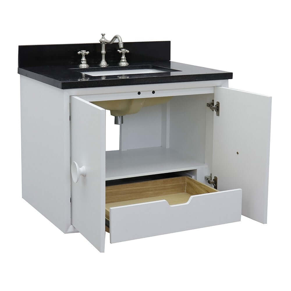 31" Single wall mount vanity in White finish with Black Galaxy top and rectangle sink - 400400-CAB-WH-BGR