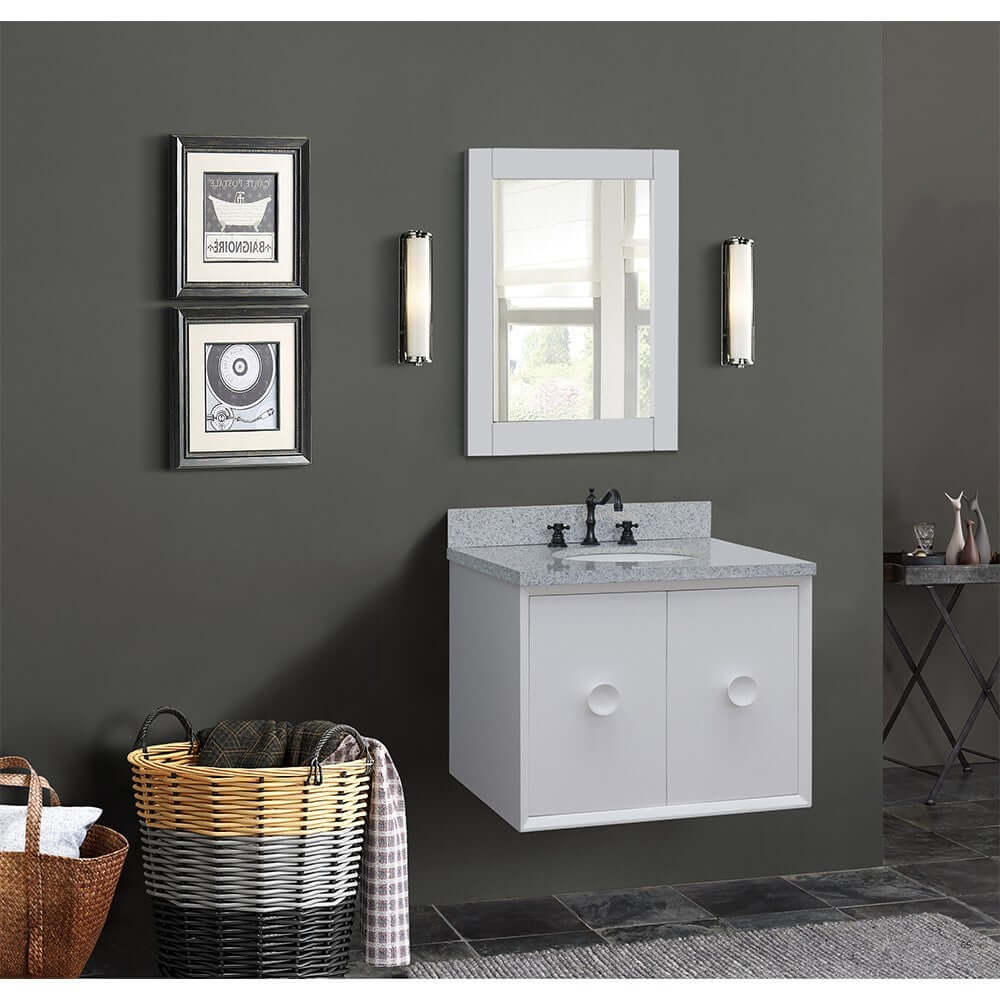 31" Single wall mount vanity in White finish with Gray granite top and oval sink - 400400-CAB-WH-GYO