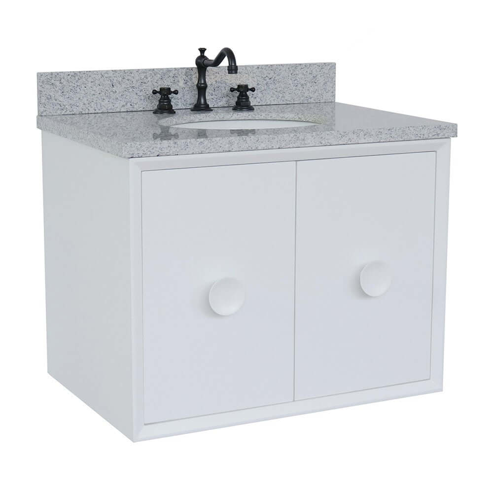 31" Single wall mount vanity in White finish with Gray granite top and oval sink - 400400-CAB-WH-GYO