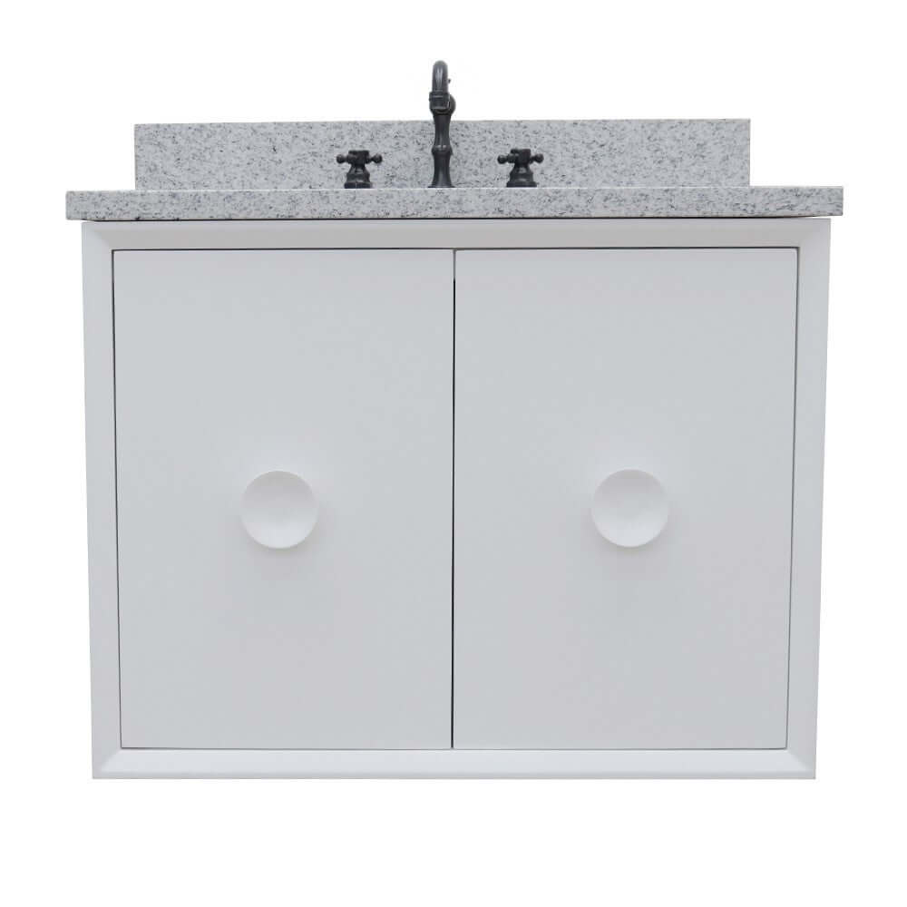 31" Single wall mount vanity in White finish with Gray granite top and oval sink - 400400-CAB-WH-GYO