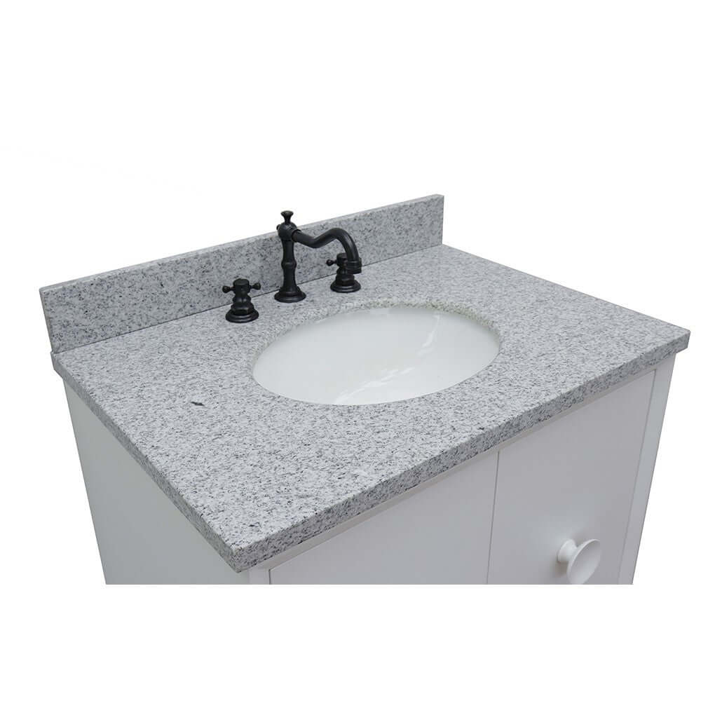 31" Single wall mount vanity in White finish with Gray granite top and oval sink - 400400-CAB-WH-GYO