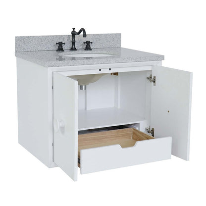 31" Single wall mount vanity in White finish with Gray granite top and oval sink - 400400-CAB-WH-GYO