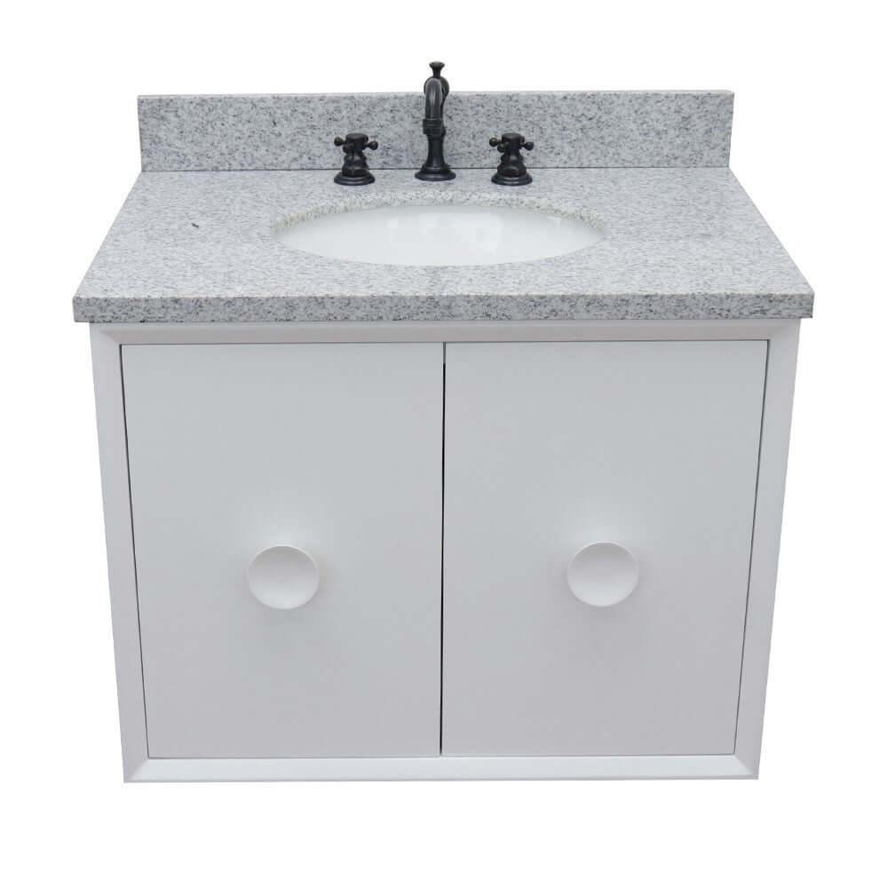 31" Single wall mount vanity in White finish with Gray granite top and oval sink - 400400-CAB-WH-GYO