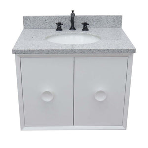 31" Single wall mount vanity in White finish with Gray granite top and oval sink - 400400-CAB-WH-GYO