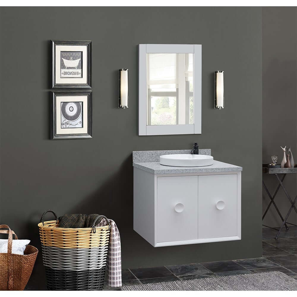 31" Single wall mount vanity in White finish with Gray granite top and round sink - 400400-CAB-WH-GYRD