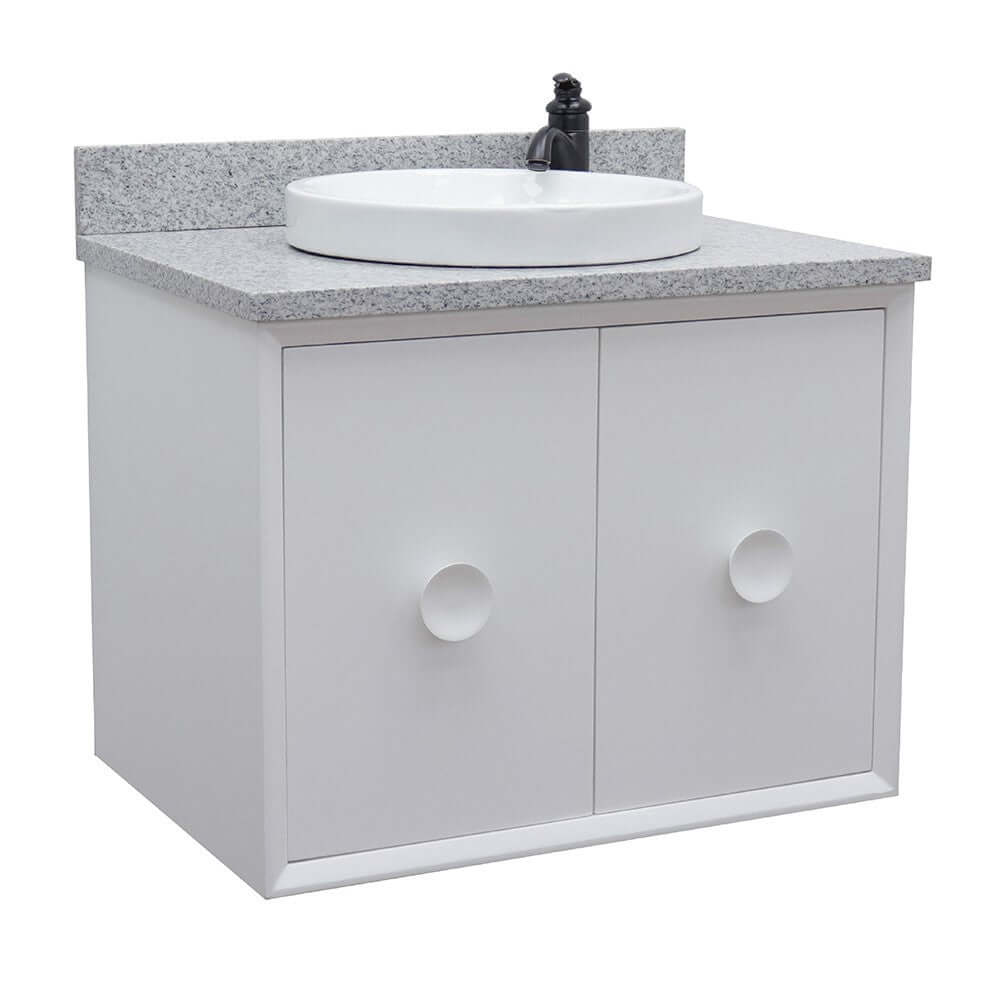 31" Single wall mount vanity in White finish with Gray granite top and round sink - 400400-CAB-WH-GYRD