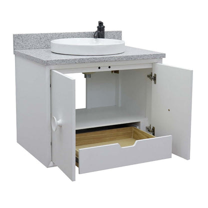 31" Single wall mount vanity in White finish with Gray granite top and round sink - 400400-CAB-WH-GYRD