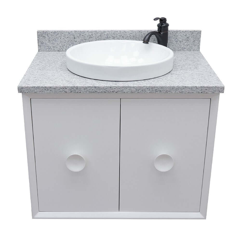 31" Single wall mount vanity in White finish with Gray granite top and round sink - 400400-CAB-WH-GYRD