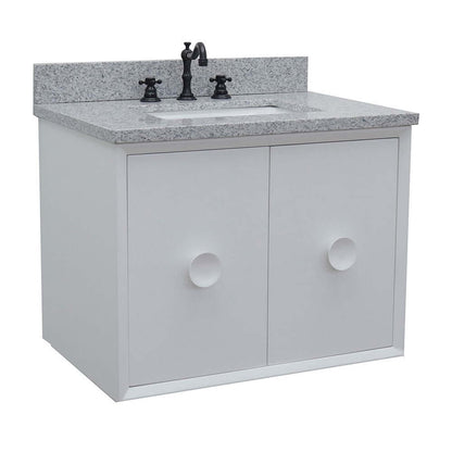 31" Single wall mount vanity in White finish with Gray granite top and rectangle sink - 400400-CAB-WH-GYR