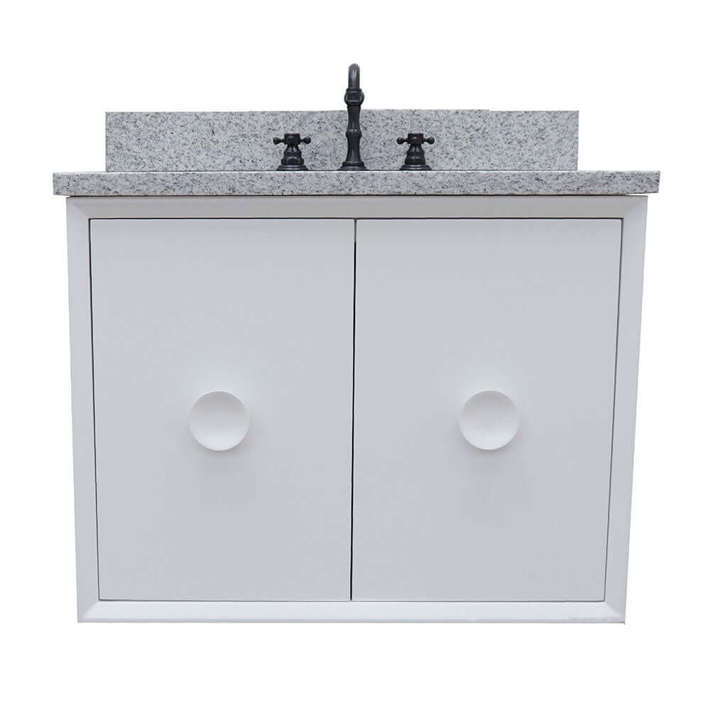 31" Single wall mount vanity in White finish with Gray granite top and rectangle sink - 400400-CAB-WH-GYR