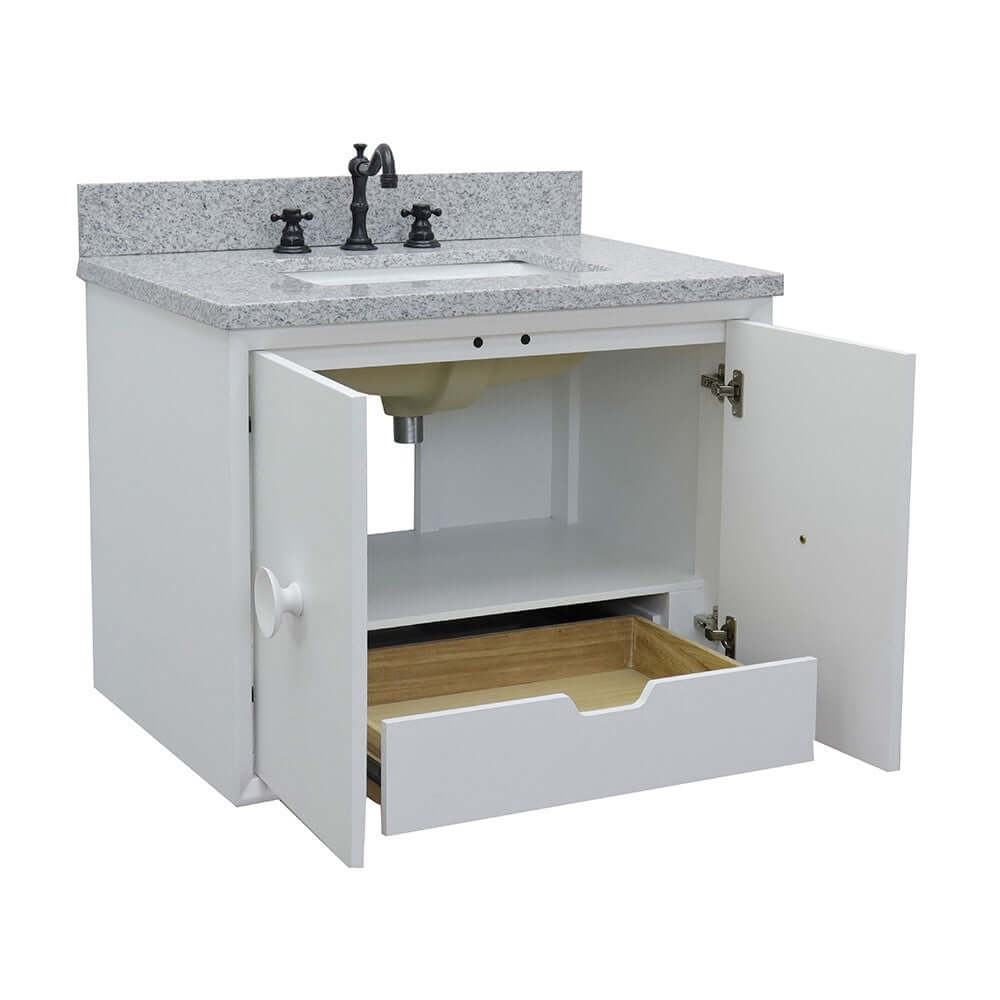 31" Single wall mount vanity in White finish with Gray granite top and rectangle sink - 400400-CAB-WH-GYR