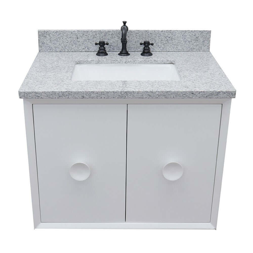 31" Single wall mount vanity in White finish with Gray granite top and rectangle sink - 400400-CAB-WH-GYR