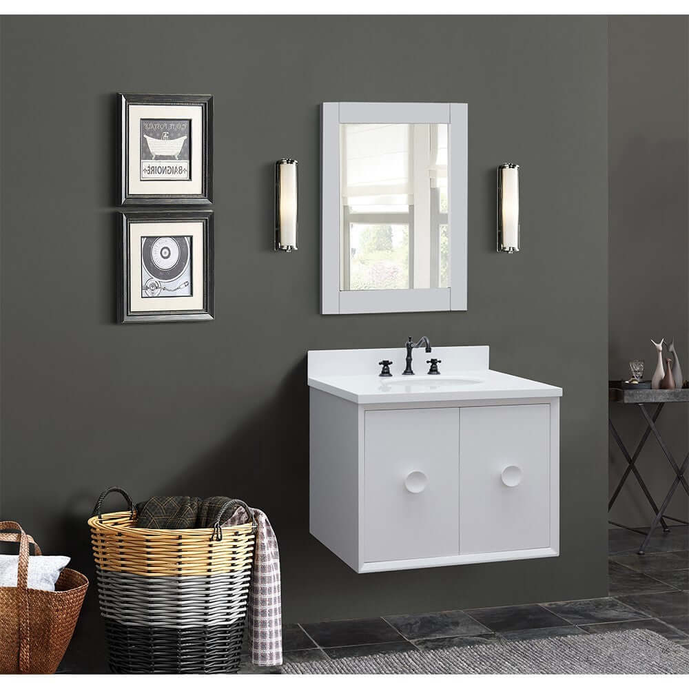 31" Single wall mount vanity in White finish with White Quartz top and oval sink - 400400-CAB-WH-WEO