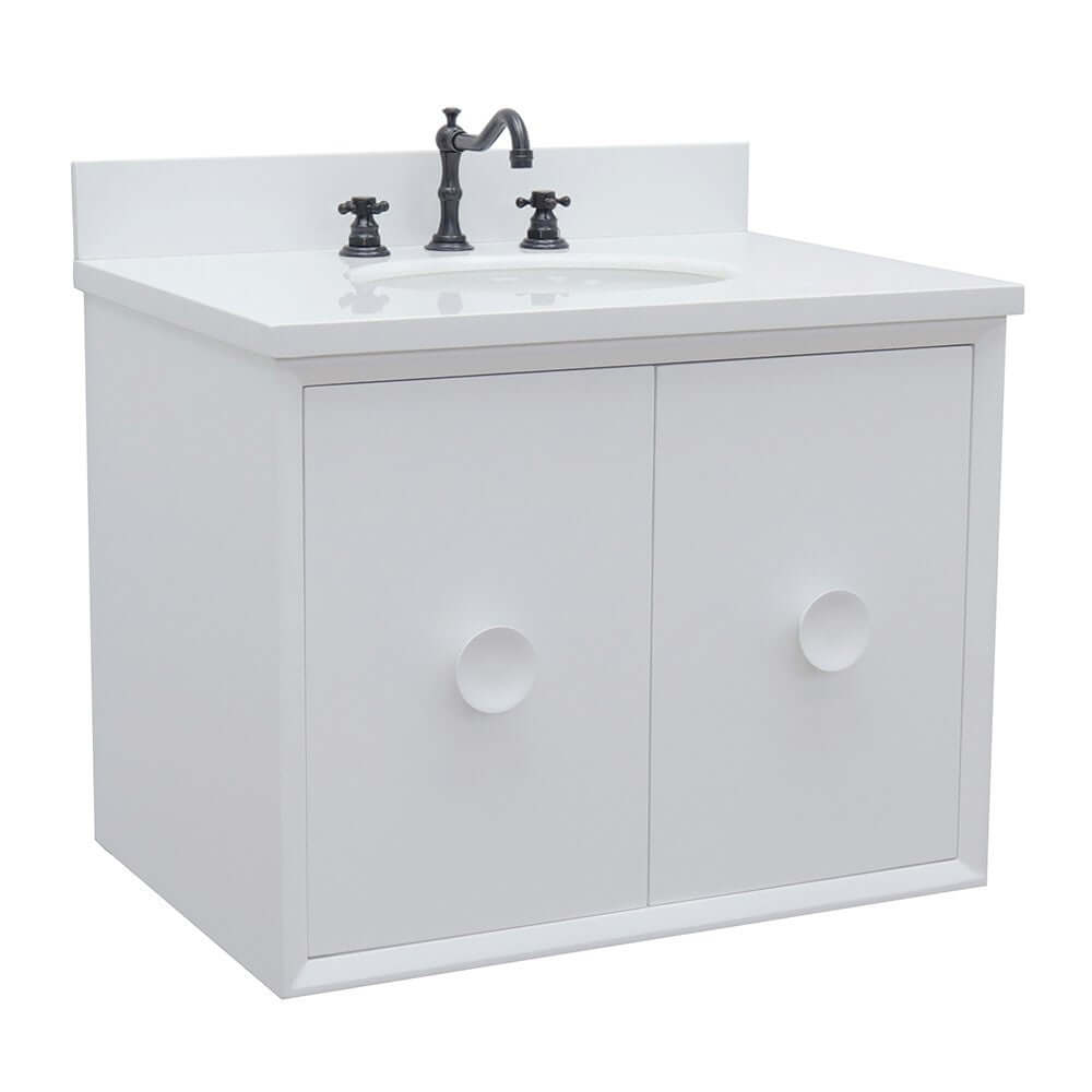 31" Single wall mount vanity in White finish with White Quartz top and oval sink - 400400-CAB-WH-WEO