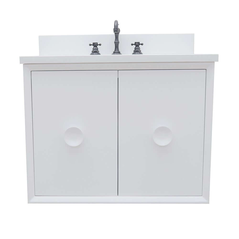 31" Single wall mount vanity in White finish with White Quartz top and oval sink - 400400-CAB-WH-WEO