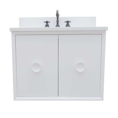 31" Single wall mount vanity in White finish with White Quartz top and oval sink - 400400-CAB-WH-WEO