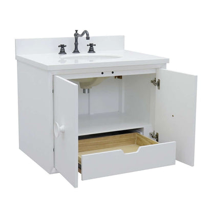 31" Single wall mount vanity in White finish with White Quartz top and oval sink - 400400-CAB-WH-WEO