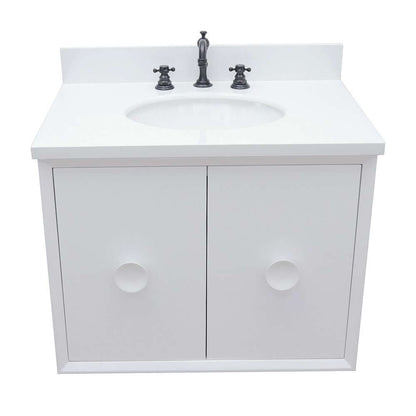 31" Single wall mount vanity in White finish with White Quartz top and oval sink - 400400-CAB-WH-WEO