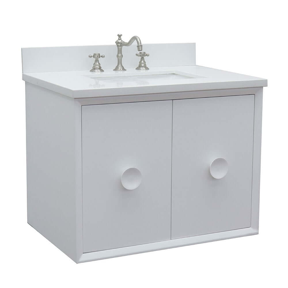 31" Single wall mount vanity in White finish with White Quartz top and rectangle sink - 400400-CAB-WH-WER