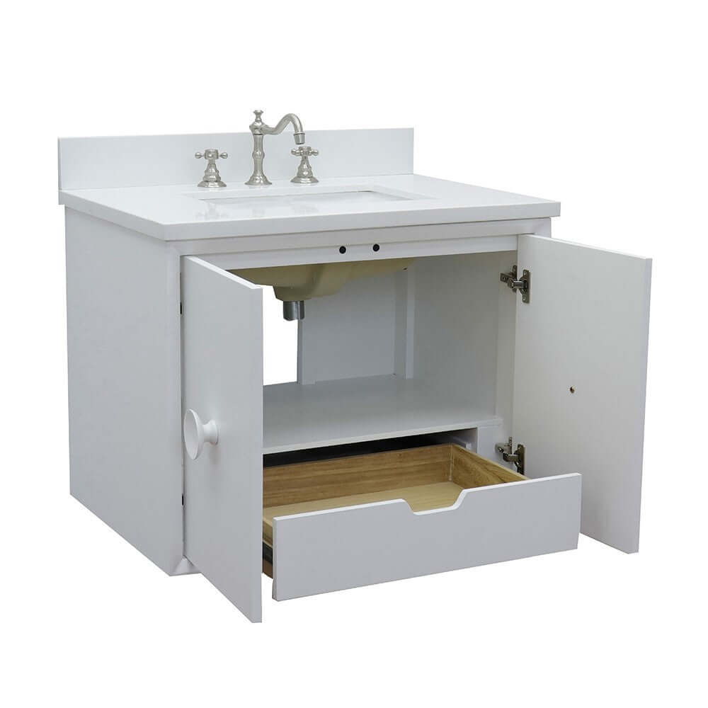 31" Single wall mount vanity in White finish with White Quartz top and rectangle sink - 400400-CAB-WH-WER