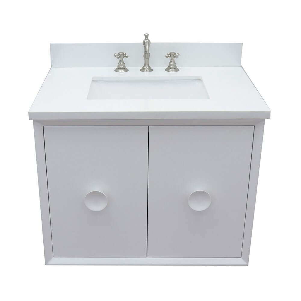 31" Single wall mount vanity in White finish with White Quartz top and rectangle sink - 400400-CAB-WH-WER