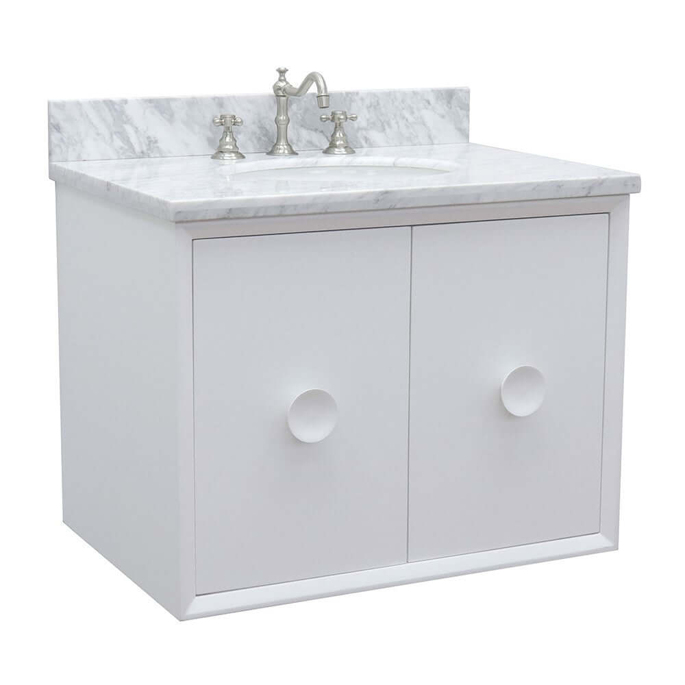 31" Single wall mount vanity in White finish with White Carrara top and oval sink - 400400-CAB-WH-WMO