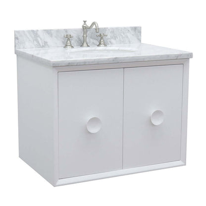 31" Single wall mount vanity in White finish with White Carrara top and oval sink - 400400-CAB-WH-WMO