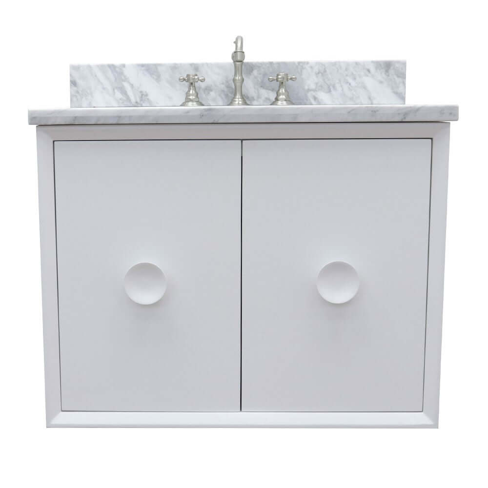 31" Single wall mount vanity in White finish with White Carrara top and oval sink - 400400-CAB-WH-WMO