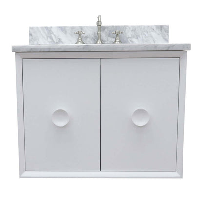 31" Single wall mount vanity in White finish with White Carrara top and oval sink - 400400-CAB-WH-WMO