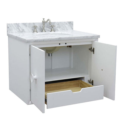 31" Single wall mount vanity in White finish with White Carrara top and oval sink - 400400-CAB-WH-WMO