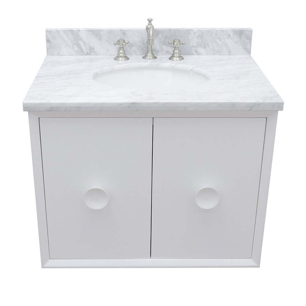 31" Single wall mount vanity in White finish with White Carrara top and oval sink - 400400-CAB-WH-WMO