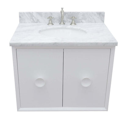 31" Single wall mount vanity in White finish with White Carrara top and oval sink - 400400-CAB-WH-WMO