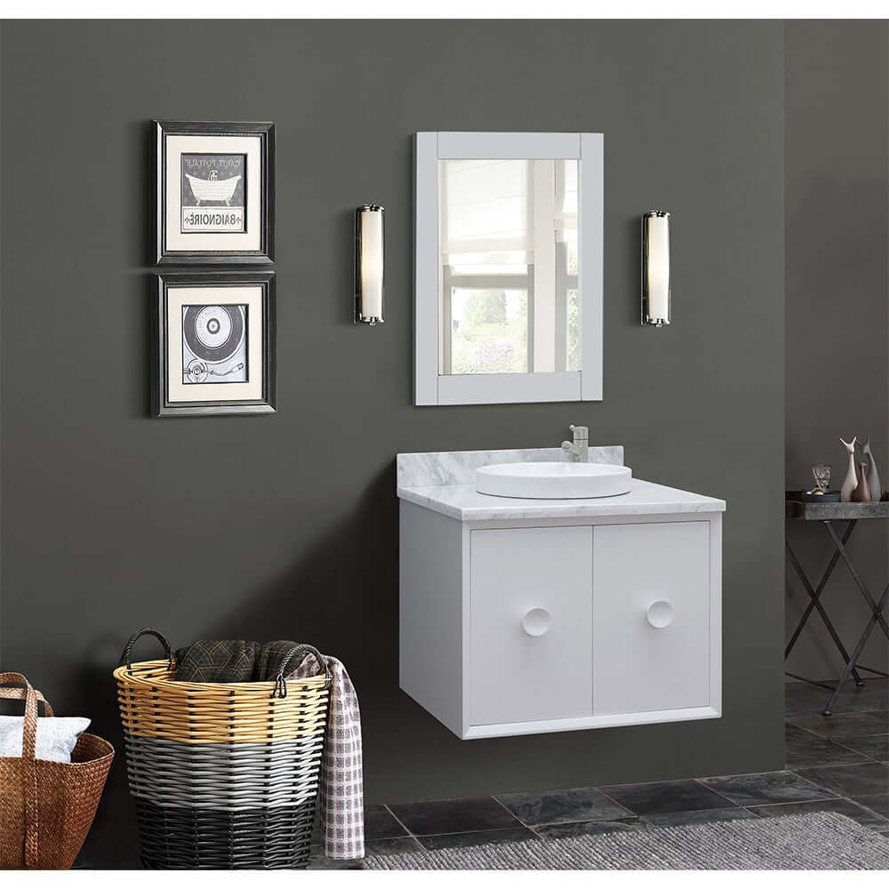 31" Single wall mount vanity in White finish with White Carrara top and round sink - 400400-CAB-WH-WMRD